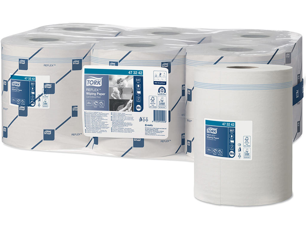 Aftørringsrulle, Centertræk, 1 lag, 6 ruller, Tork Reflex Standard Midi M4