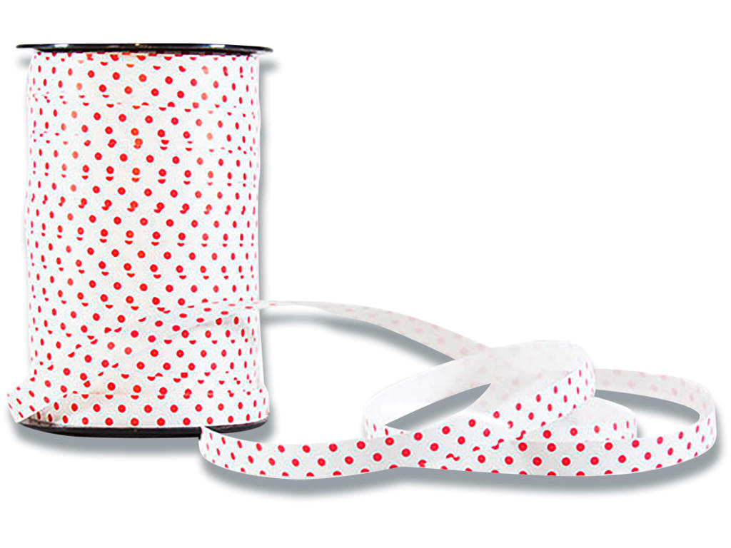 Gavebånd, PP, 10mm x 225m, Hvid med røde prikker, Roliba Poly Glat Prik