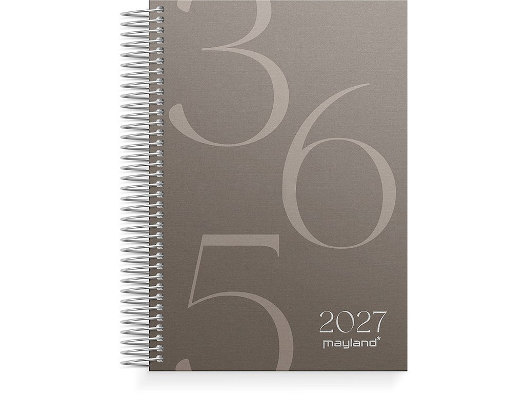 Kalender, 2027, Dag, 1 dag pr. side, Brun med grafisk årstal, Mayland