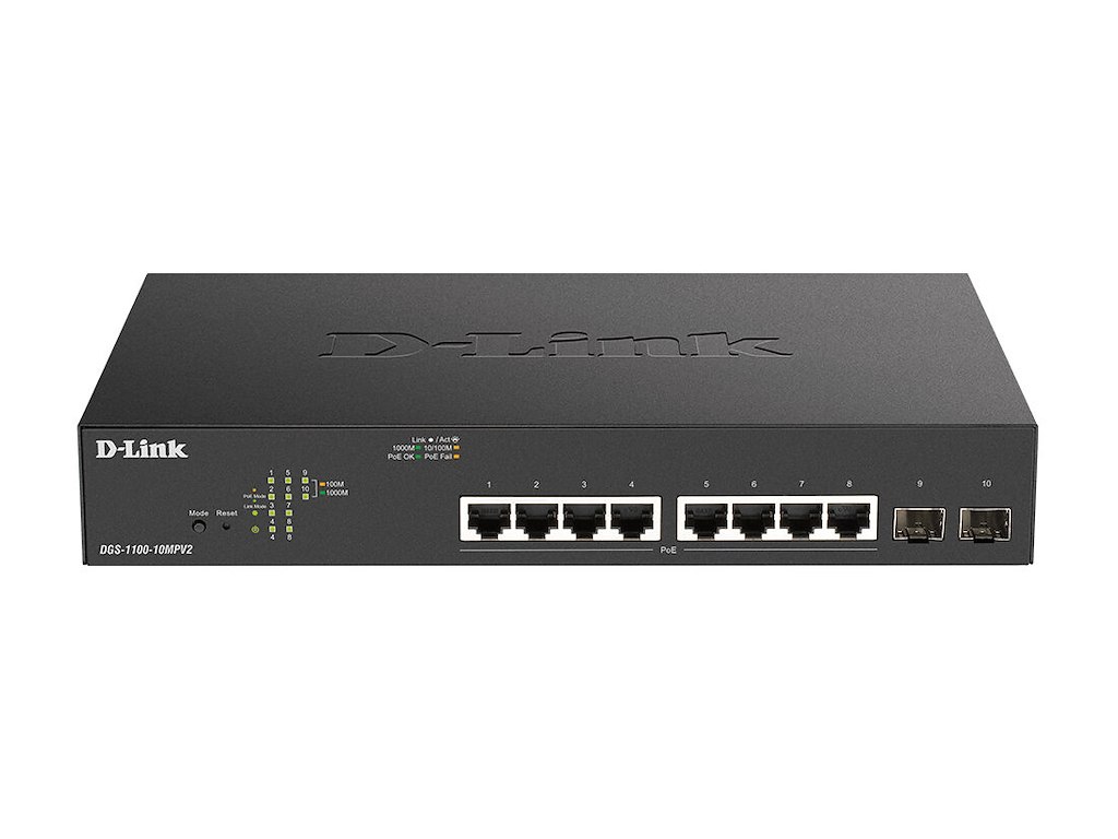 D-Link DGS-1100-10MPV2 netværksswitch Administreret L2 Gigabit Ethernet (10/100/1000) Strøm over Ethernet (PoE) 1U Sort