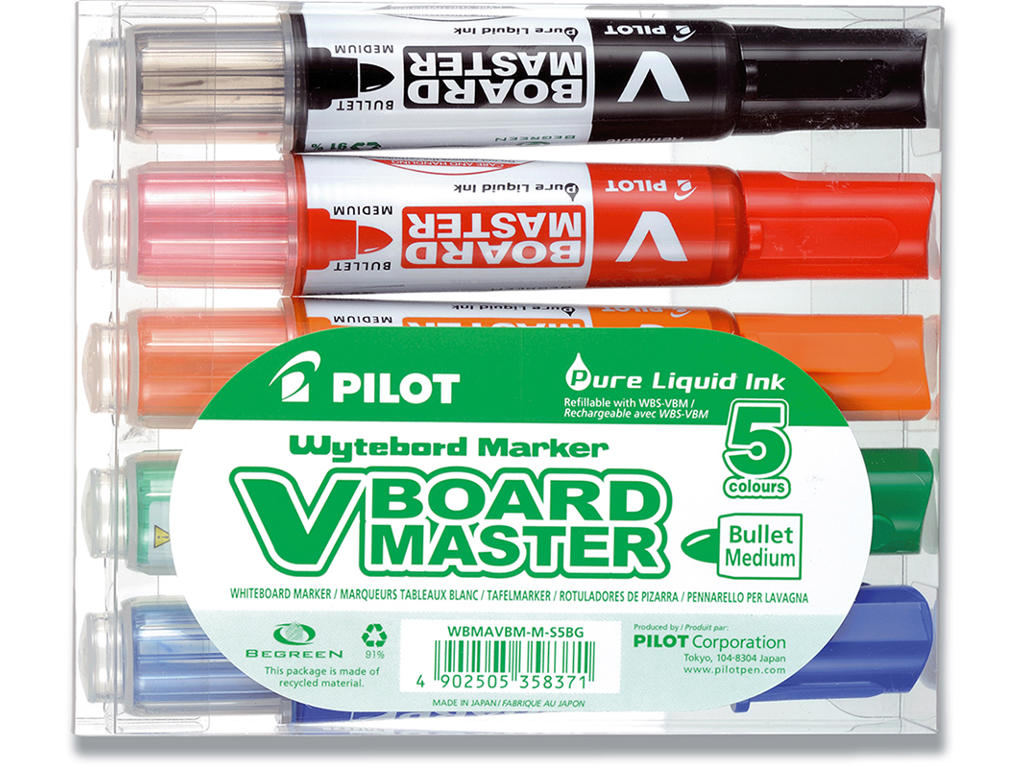 Whiteboard marker, Rund spids, 5 farver, 1-3 mm, Pilot V Board Master WBMA-VBM-M-S5-BG