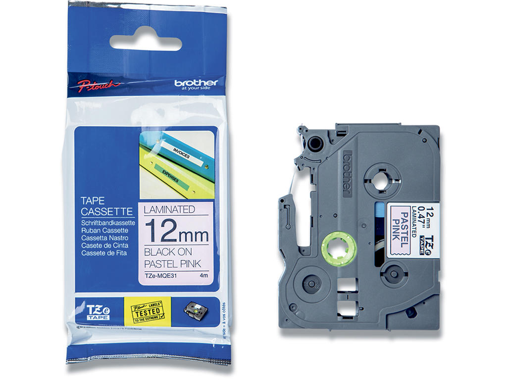 Labeltape, 12mm x 4m, Sort på Pastel pink, 1 rulle, Brother P-Touch TZe-MQE31