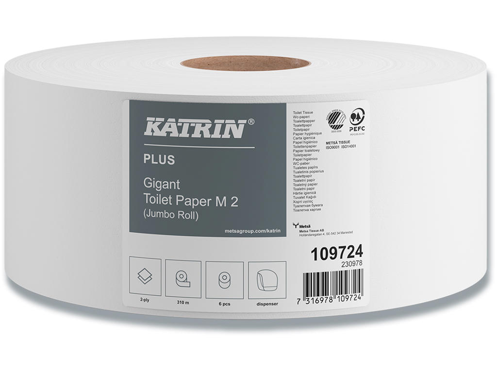 Toiletpapir, Udvendig oprulning, 2 lag, 6 ruller, Katrin Plus Gigant M