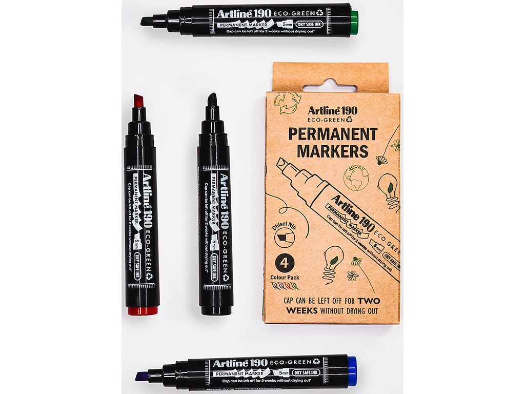 Marker, Skrå spids,  2-5 mm, Sort Rød Blå Grøn, Artline ECO-GREEN 190