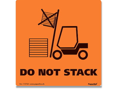 Etiketter, 100x100 mm, Orange og sort, 250 etiketter i alt, ''DO NOT STACK''