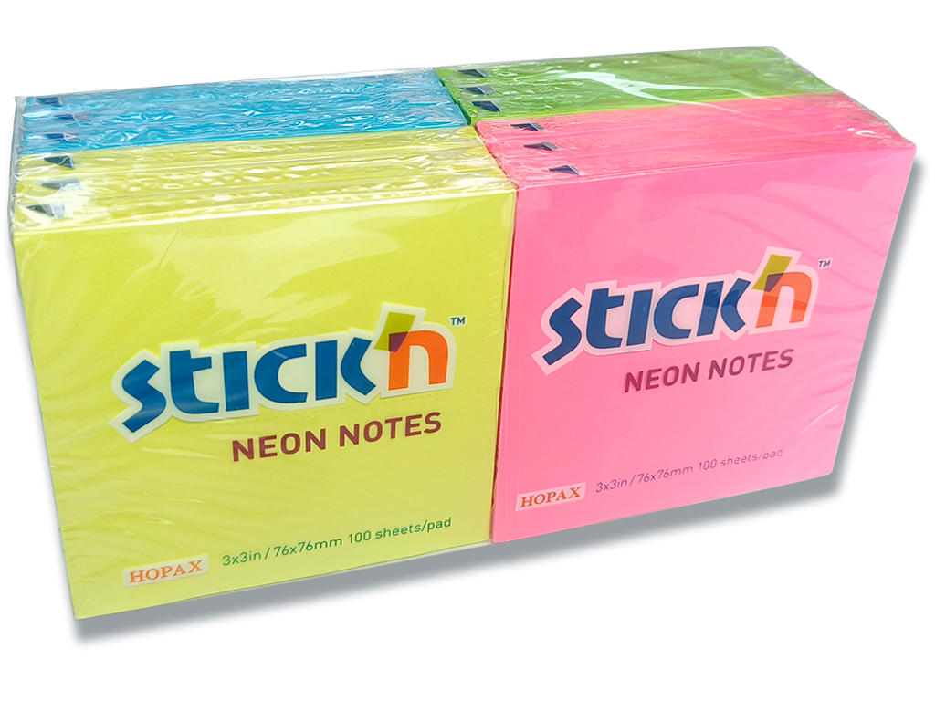 Memonotes, 76x76 mm, Gul Pink Blå Grøn, 12 blokke, Stick'n 