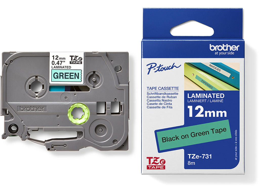 Labeltape, 12mm x 8m, Sort på Grøn, 1 rulle, Brother P-Touch TZe-731