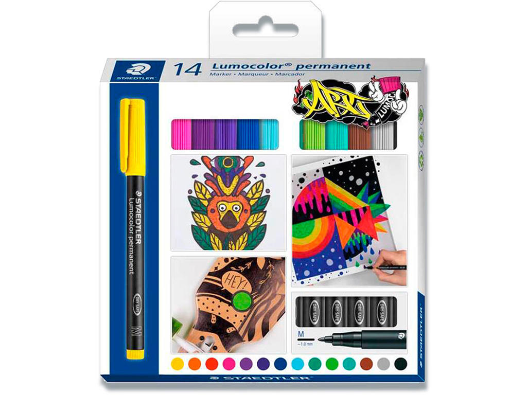 Marker, Rund spids, 0.8 mm, 14 farver, Staedtler Lumocolor 317 M