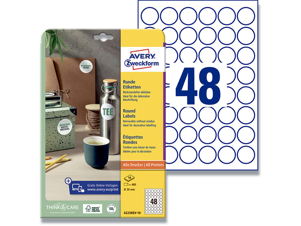Etiketter, Ø30 mm, Hvid, 480 etiketter i alt, Avery 
