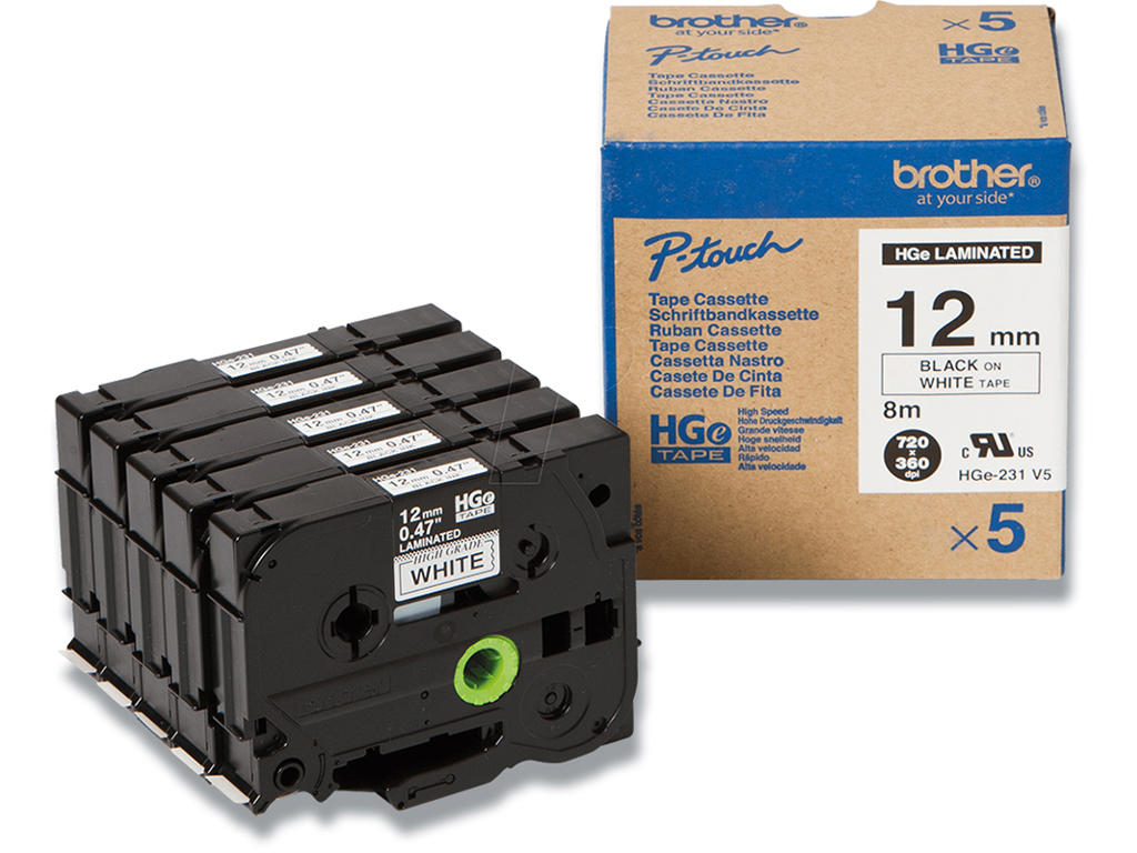 Labeltape, 12mm x 8m, Sort på Hvid, 5 ruller, Brother P-Touch HGe-231V5