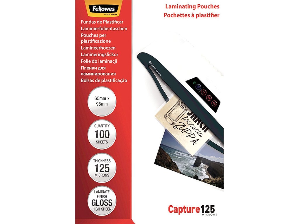 Lamineringslommer, 65x95 mm, 125 micron, 100 stk, Fellowes Gloss