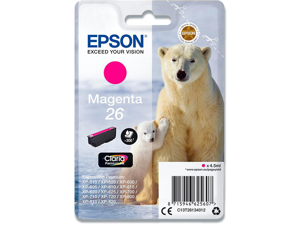 Blækpatron, 1 stk, 300 sider, Magenta-rød, Epson 26-T2613