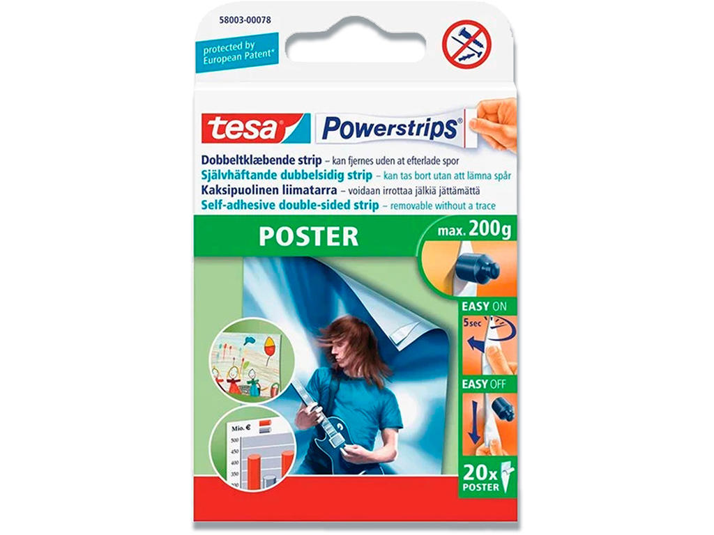 Klæbepuder, 1x3 cm, Op til 200 gram, 20 stk, Tesa Powerstrips® Poster 58003