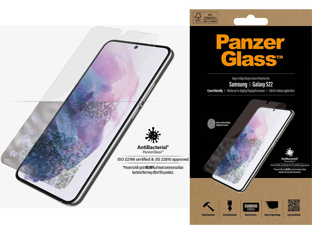 Skærmbeskyttelse, Samsung Galaxy S22, Klar, 1 stk, PanzerGlass Antibacterial Case Friendly 