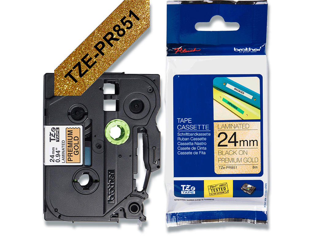 Labeltape, 24mm x 8m, Sort på Guld, 1 rulle, Brother P-Touch TZe-PR851