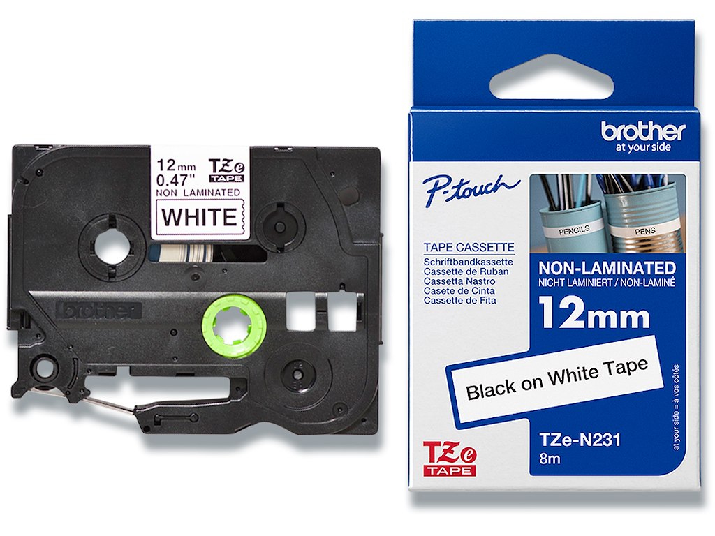 Labeltape, 12mm x 8m, Sort på Hvid, 1 rulle, Brother P-Touch TZe-N231
