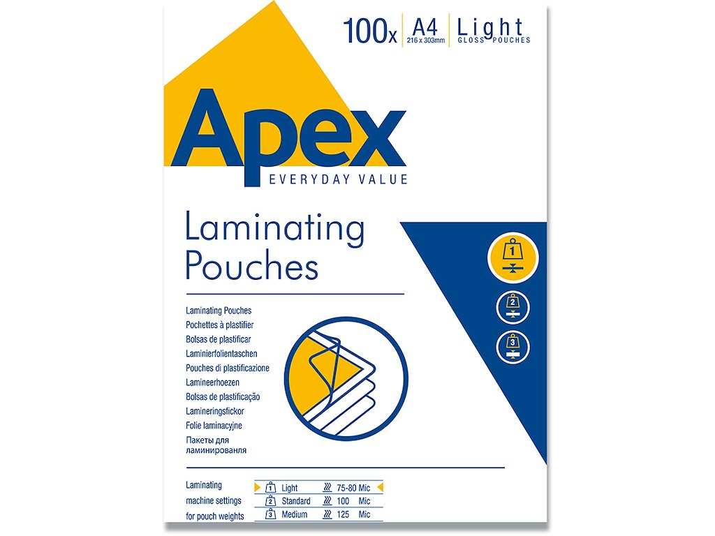 Lamineringslommer, A4, 80 micron, 100 stk, Apex 