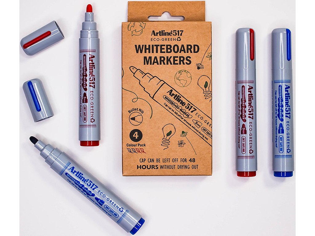 Whiteboard marker, Rund spids, Blå Rød, 4 stk, 3 mm, Artline ECO-GREEN 517