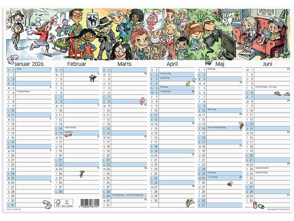 Vægkalender, 2026, A3, Otto Dickmeiss, 6 måneder pr. side, Mayland