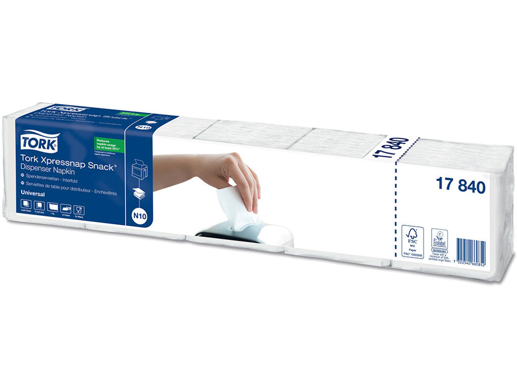 Dispenserservietter, 1 lag, Hvid, 21.3x21.4 cm, 9000 stk, Tork Xpressnap Snack N10