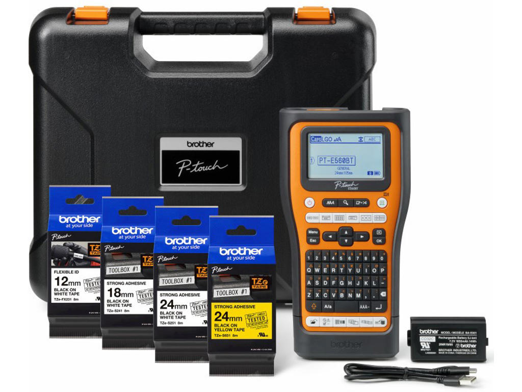 Labelprinter, Håndholdt, TZe-tape 3.5-24 mm og krympeflex, Brother P-Touch PT-E560BTSP Kuffertsæt