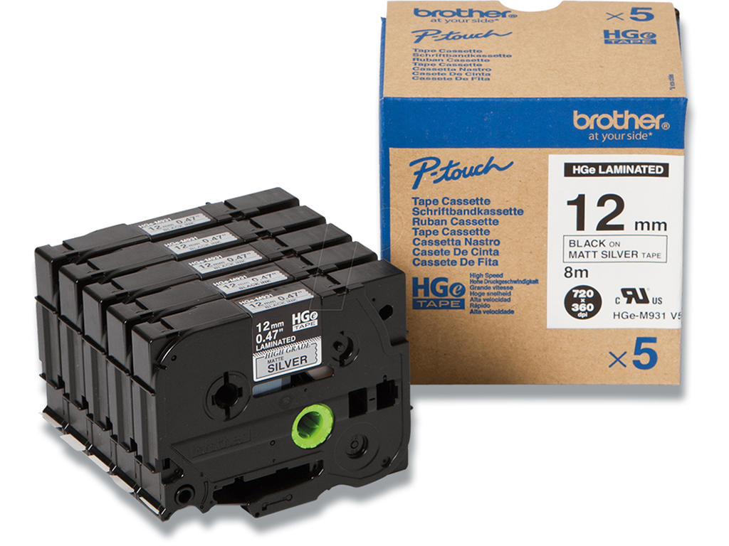 Labeltape, 12mm x 8m, Sort på Mat Sølv, 5 ruller, Brother P-Touch HGe-M931V5