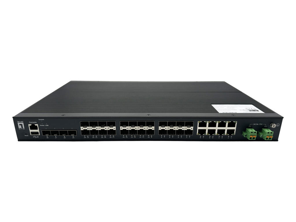 LevelOne 28-Port L2 Plus Managed Gigabit Fiber Industrial Switch, 4x 1.25/2.5GbE SFP, 16x 1.25GbE SFP, 8x Gigabit SFP/RJ45 Combo, Redundant Power Supply, -40°C to 80°C