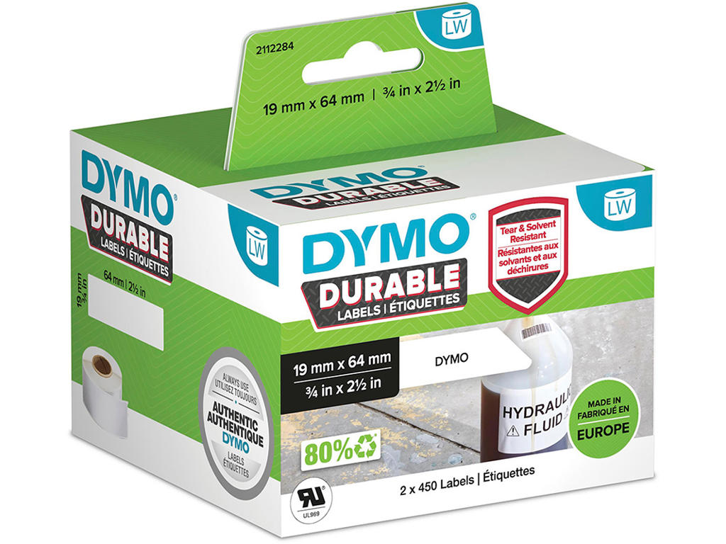 Labeletiketter, Holdbare og modstandsdygtige, 19x64 mm, 1 rulle af 900 etiketter, Dymo LabelWriter Durable