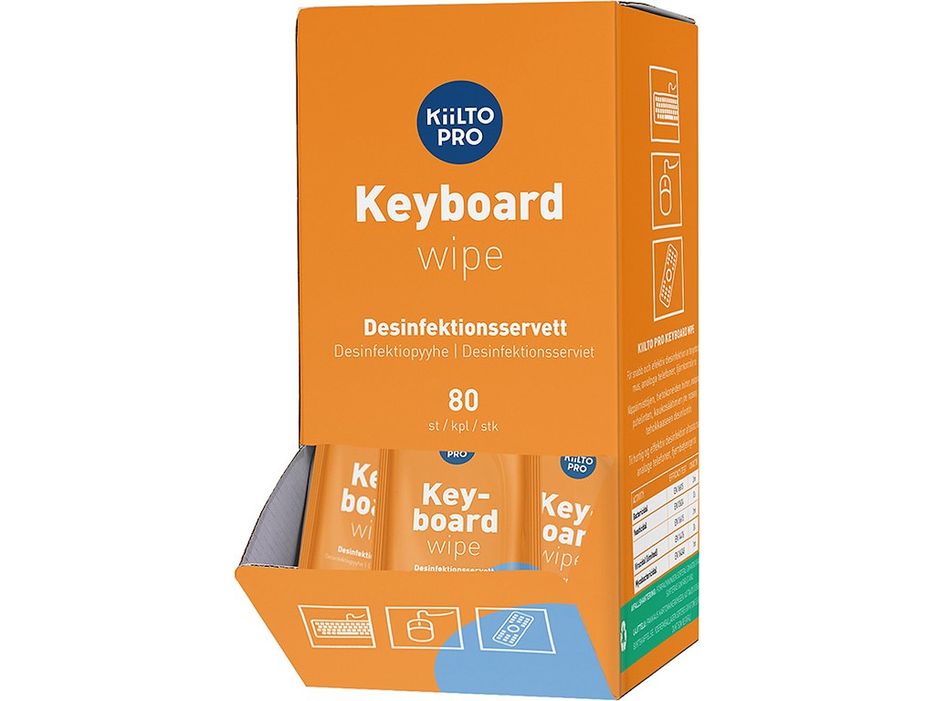 Overfladedesinfektion, Til keyboard, Servietter, 80 stk, Enkeltindpakket, Kiilto Pro