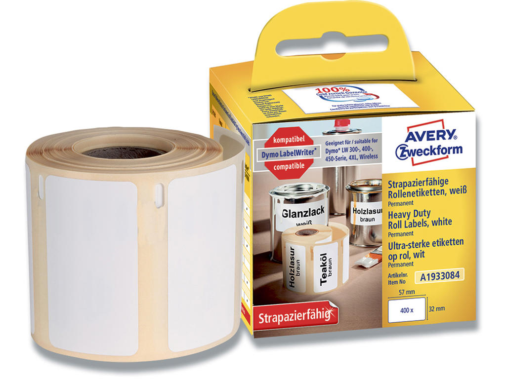 Labeletiketter, Holdbare og modstandsdygtige, 57x32 mm, 1 rulle af 400 etiketter, Avery Direct Thermal 1933084