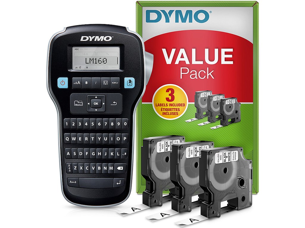 Labelprinter, Håndholdt, Stand-alone, D1 tape 6-12 mm, Dymo LabelManager 160 Value Pack