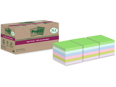 Memonotes, 76x76mm, Assorteret, 18 blokke, Post-it Super Sticky Recycled