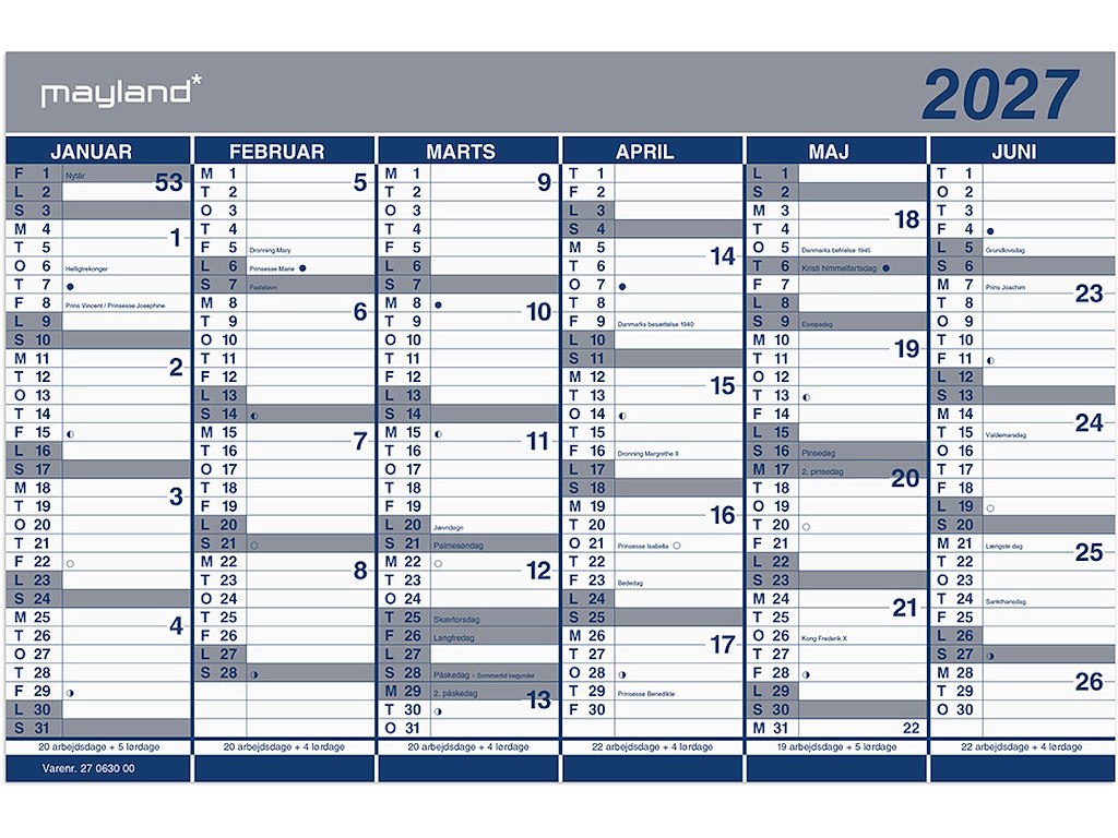 Vægkalender, 2027, Dobbelt, 6 måneder pr. side, Mayland