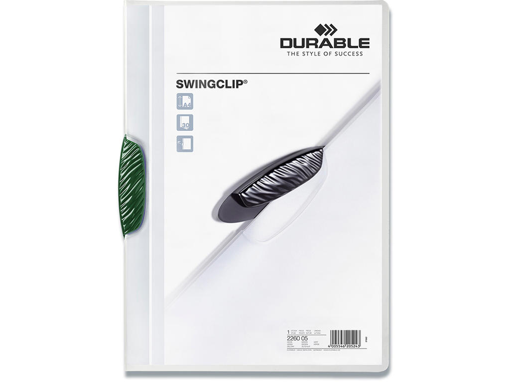 Klemmappe, 30 ark, Transparent med grøn clip, Transparent forside, Durable SWINGCLIP 30