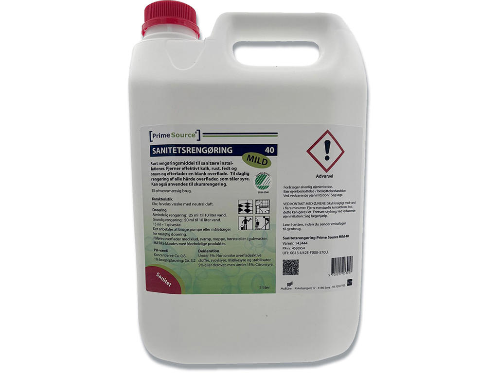 Sanitetsrengøring, Sur, Uden farve, Uden parfume, 5 liter, Prime Source Mild 40