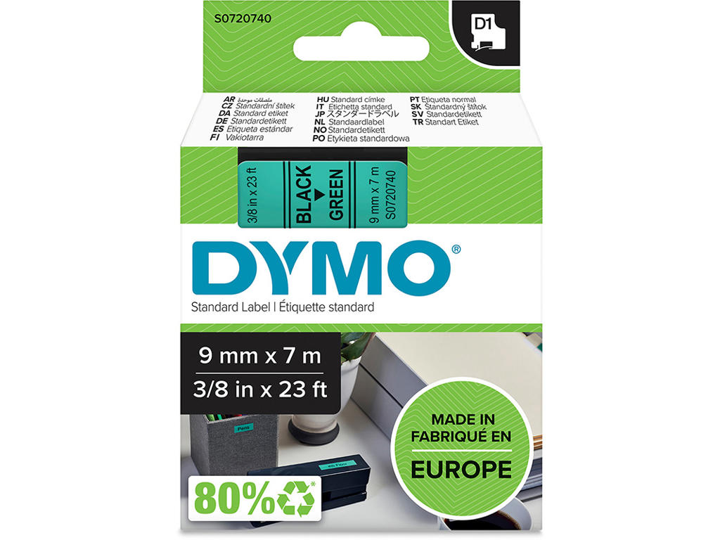 Labeltape, 9mm x 7m, Sort på Grøn, 1 rulle, Dymo D1 40919