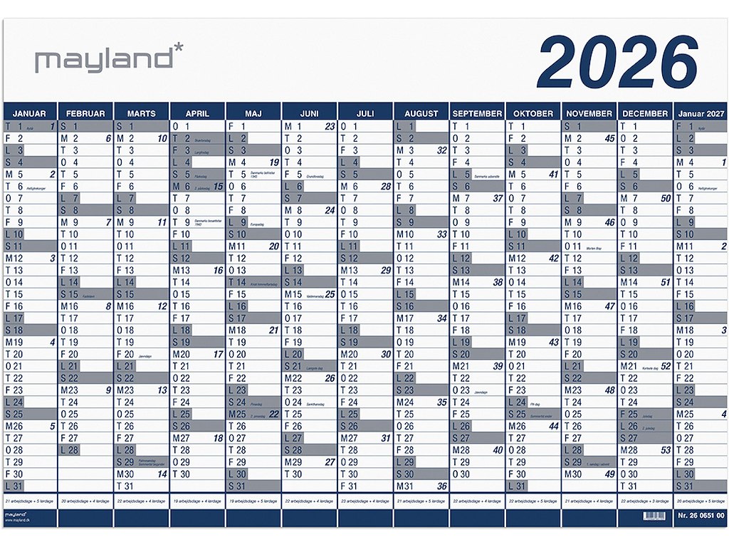 Vægkalender, 2026, Kæmpe, 13 måneder pr. side, 100x70 cm, Mayland
