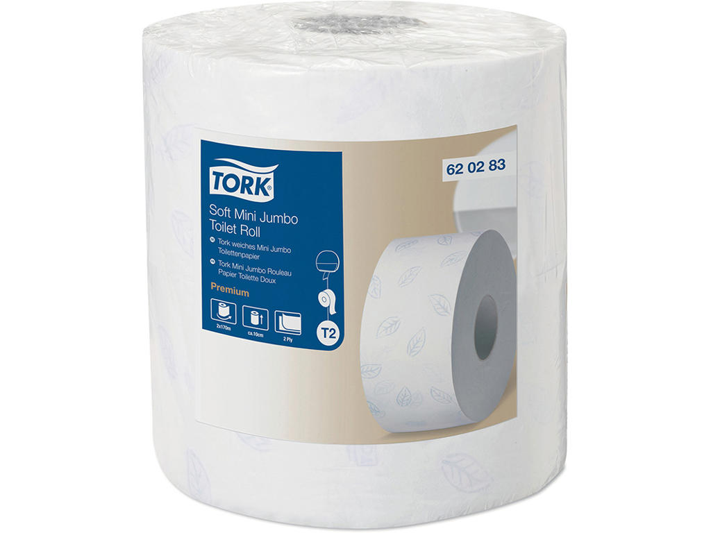 Toiletpapir, Udvendig oprulning, 2 lag, 2 ruller, Tork Premium Soft Jumbo Mini T2