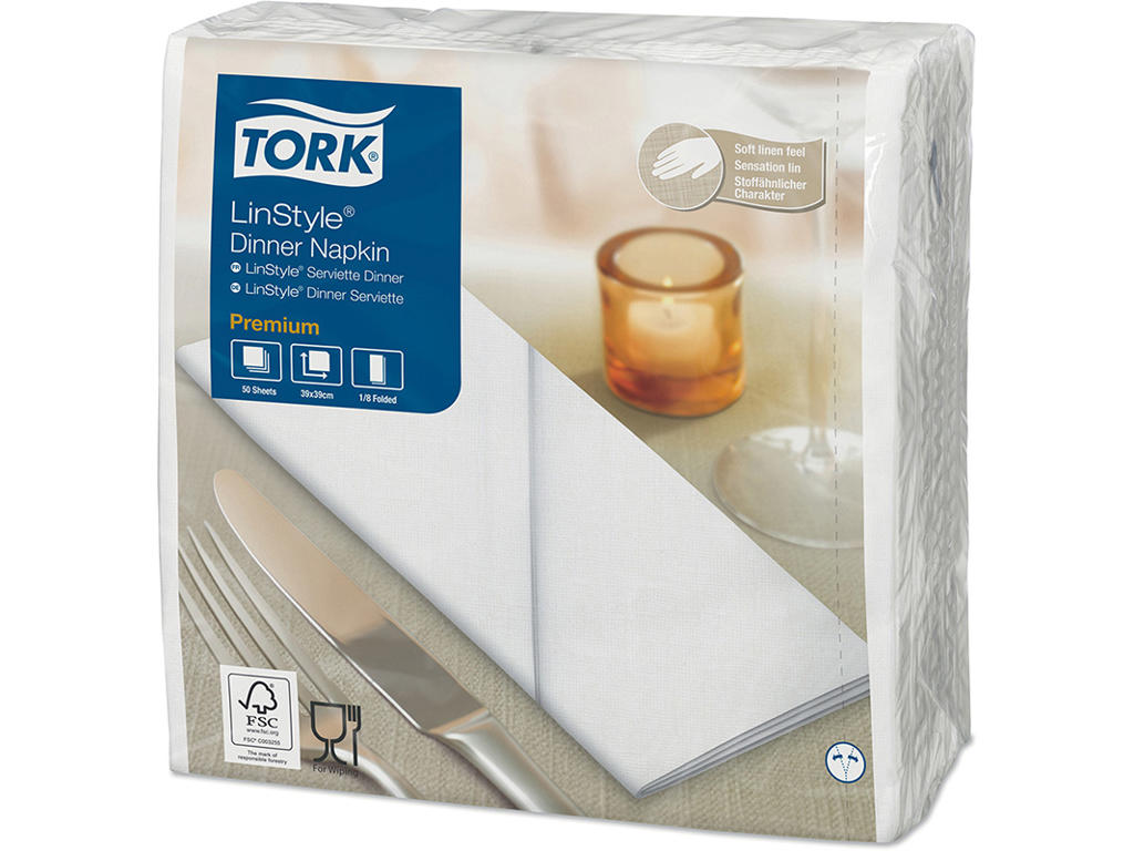 Servietter, 1 lag, Hvid, 40x40 cm, 50 stk, Tork Linstyle