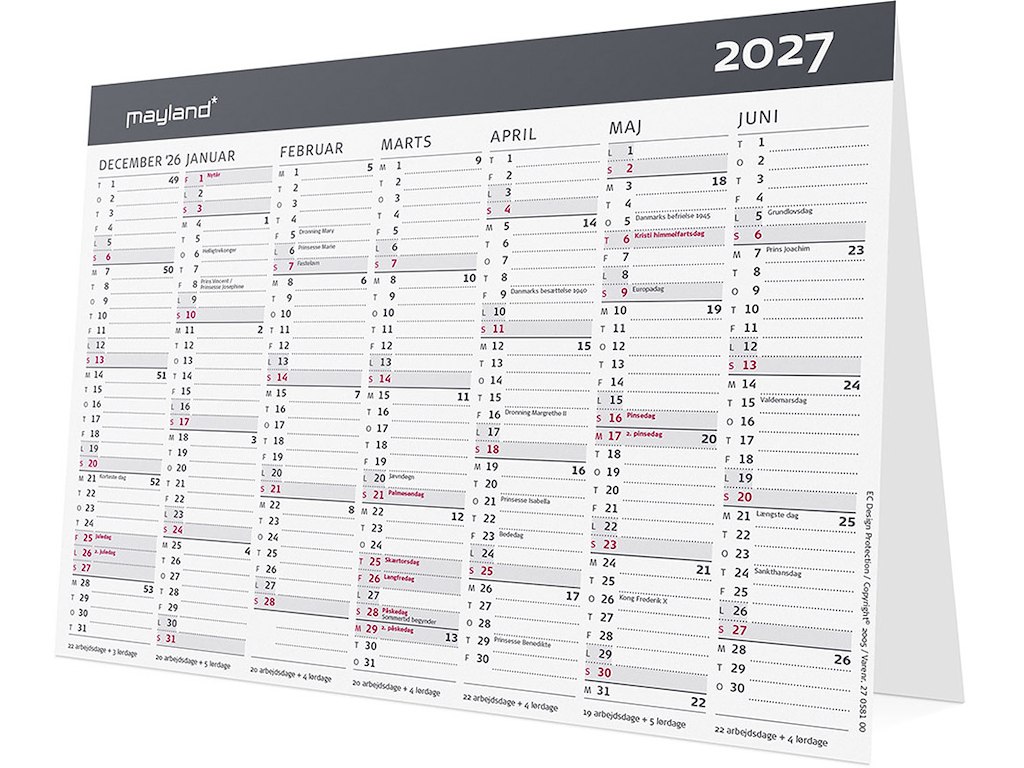 Bordkalender, 2027, Kontor - Bord, Moderne, 7 måneder pr. side, Mayland