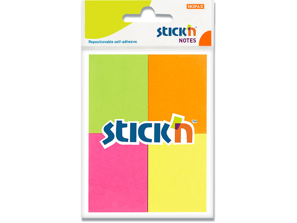 Memonotes, 38x50 mm, 4 assorterede neon farver, 4 blokke, Stick'n 