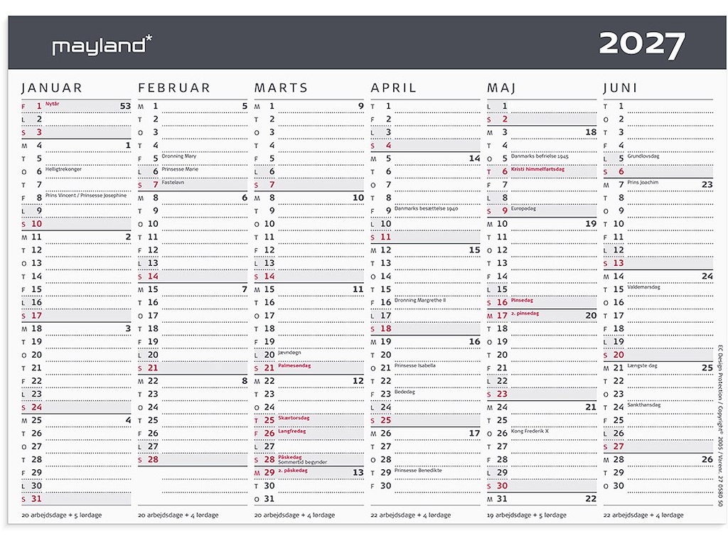 Vægkalender, 2027, A5, Kontor, Moderne, 6 måneder pr. side, Mayland