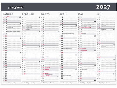 Vægkalender, 2027, A5, Kontor, Moderne, 6 måneder pr. side, Mayland
