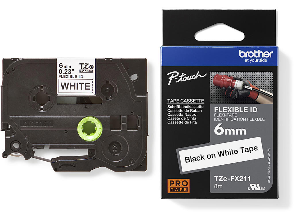 Labeltape, 6mm x 8m, Sort på Hvid, 1 rulle, Brother P-Touch TZe-FX211