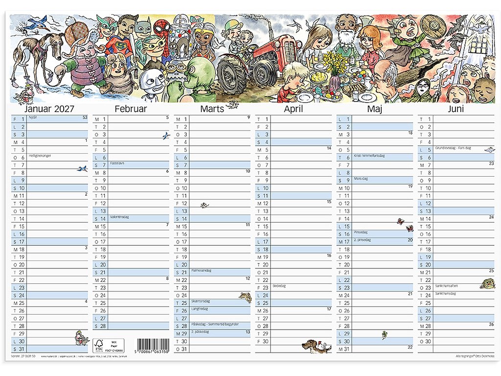 Vægkalender, 2027, A3, Otto Dickmeiss, 6 måneder pr. side, Mayland