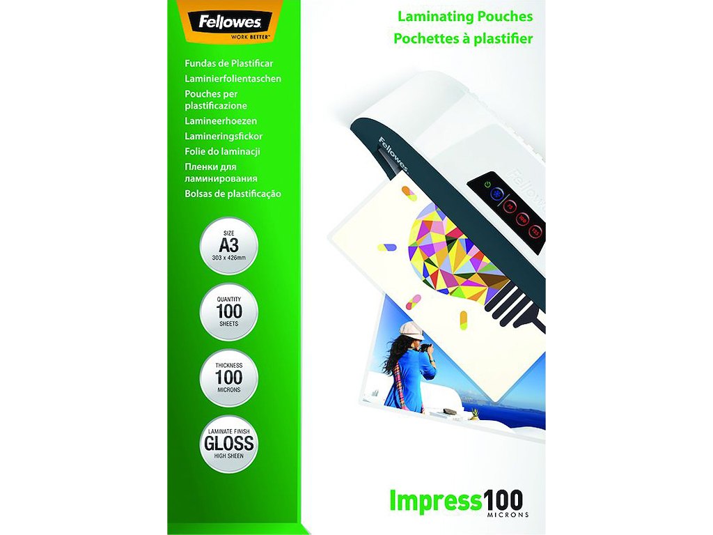 Lamineringslommer, A3, 100 micron, 100 stk, Fellowes Gloss