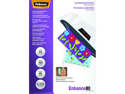 Lamineringslommer, A4, 216x303 mm, 80 micron, Fellowes Selvklæbende bagside Gloss
