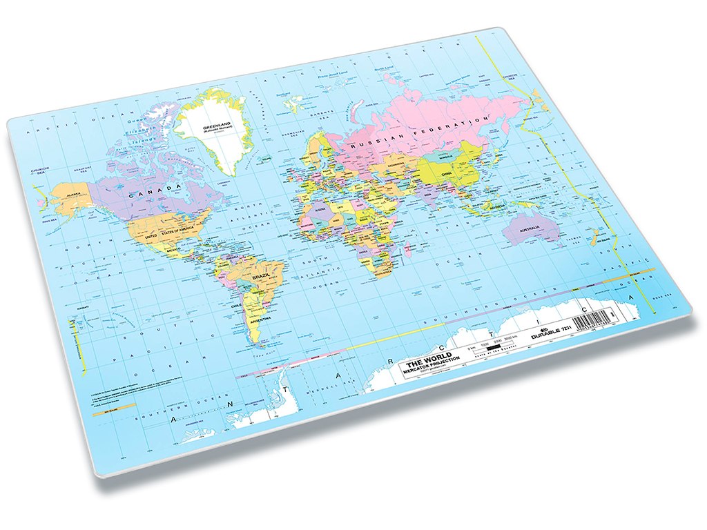 Skriveunderlag, 50x38 cm, PP, Med Verdenskort, Uden dækplade, Durable 