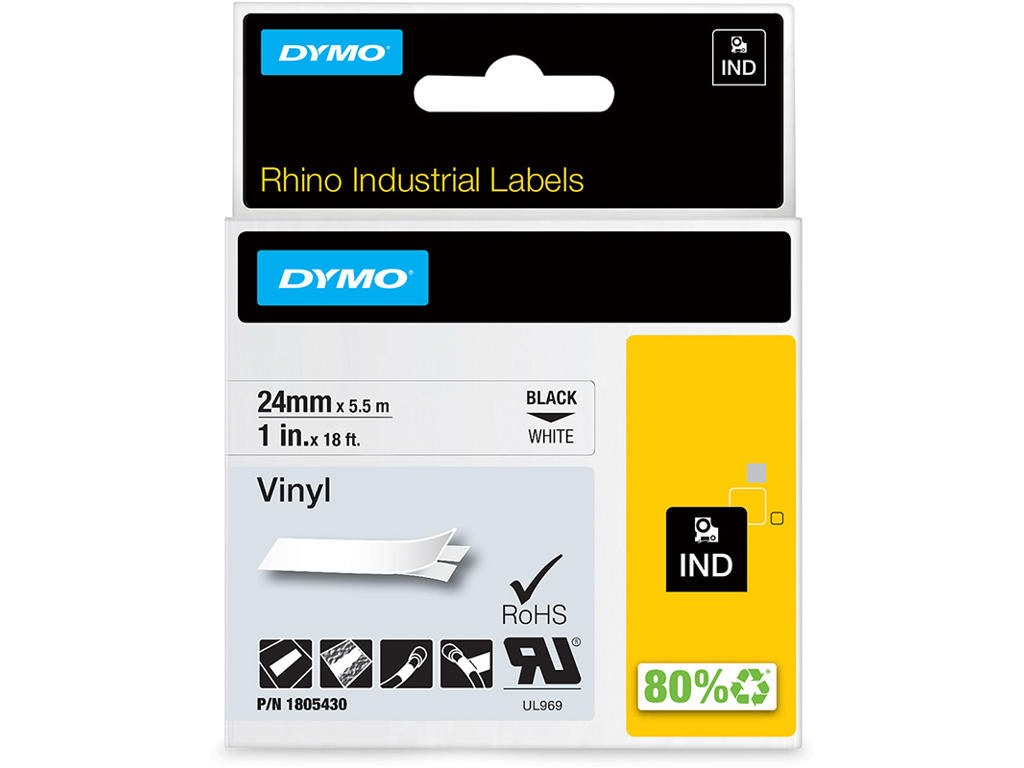 Labeltape, 24mm x 5.5m, Sort på Hvid, 1 rulle, Dymo Rhino Industri