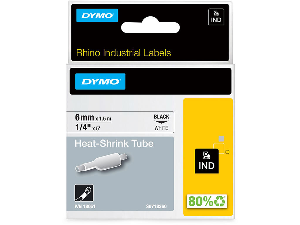 Labeltape, 6mm x 1.5m, Sort på Hvid, 1 rulle, Dymo Rhino Industri